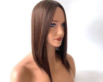 Silk Base Free Part Hair Topper - Straight Brown 12x8cm With 2clips Virgin Human Hair