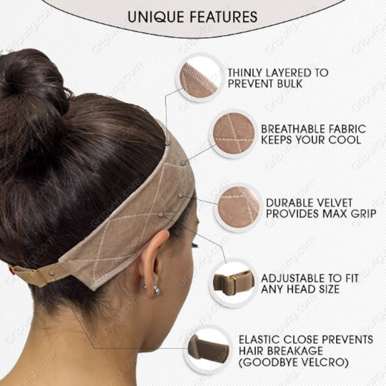 May include: A brown velvet headband with adjustable straps and a quilted design. The headband is designed to prevent hair breakage and keep hair in place. It features a breathable fabric and a thin layer to prevent bulk.