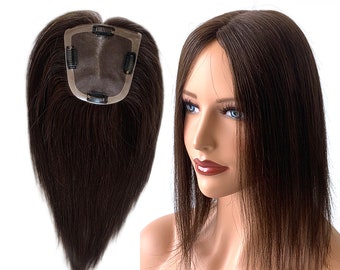 Mono Silk With Pu Base Hair Topper - Straight Brown 12*11cm (4.7"X4.3") With 4clips Virgin Human Hair