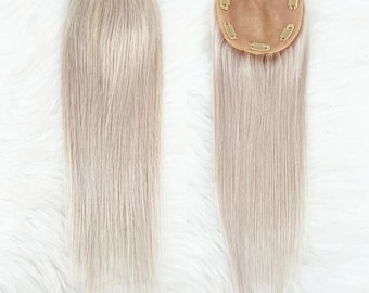 Silk Base 5x5 Free Part White Ash Blonde European Remy Human Hair Topper Hand Tied Lace Single Knots Hairline with Baby Hair