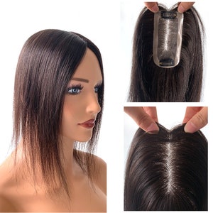 Mono Silk Base Hair Topper - Straight black 12x6cm With 2clips Virgin Human Hair
