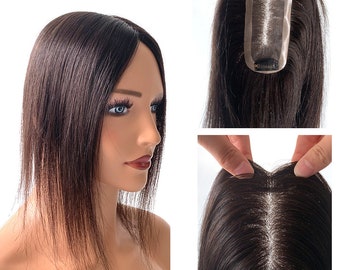 Mono Silk Base Hair Topper - Straight black 12x6cm With 2clips Virgin Human Hair