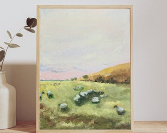 Original oil painting sheep on mountain sunset