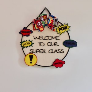 Superhero Classroom Door Hanger, Welcome Sign, Round Wood Sign, Wooden Door Hanger, teacher, classroom decor