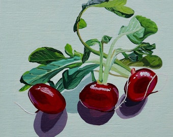 Rábanos - Naturaleza muerta original, pintura acrílica sobre papel