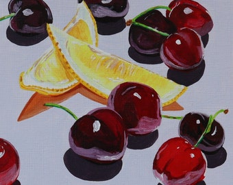 Cerezas y limones - Naturaleza muerta original, pintura acrílica sobre papel