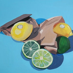 Limoni - Natura morta originale dipinto acrilico su carta