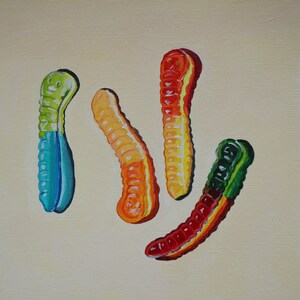 Worm Candies - Natura morta originale pittura acrilica su carta