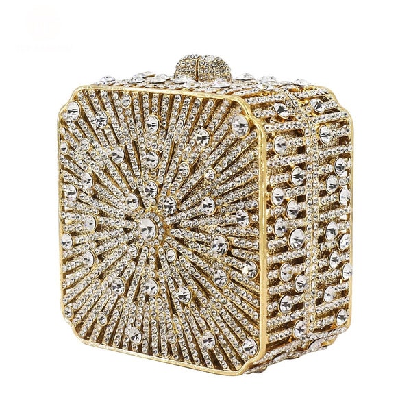 Luxury Crystal Rhinestone Evening and  Wedding Party Clutch Gold box-shape Purse  For Women, Lady