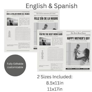 Modelo de jornal personalizado para o dia das mães | Feliz dia da mamãe | Editável para impressão | Dia das mães | Inglês e Espanhol