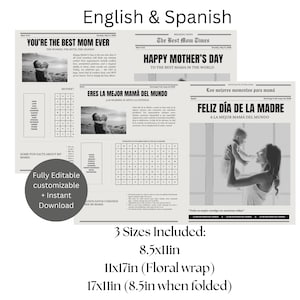 Muttertag Blumenstrauß Wrap Zeitungsvorlage | Englisch & Spanisch Printable | Geschenk für Mama oder zum ersten Mal Mama | DIY Muttertagskarte