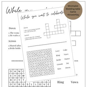 以下が含まれることがあります： 「While you wait to celebrate」という文字が上部に書かれた、印刷可能な結婚式用のクロスワードパズルゲーム。クロスワードパズルは、横10マス、縦10マスの大きさです。パズルの下に、「Love」、「Cake」、「Ring」、「Vows」、「Bride」、「Dance」、「Groom」、「Joy」、「Kiss」、「Dress」という単語がリストされています。