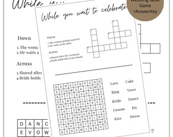 Peut inclure: Un jeu de mots croisés de mariage imprimable avec les mots "While you wait to celebrate" en haut. Le mots croisés a 10 cases en largeur et 10 cases en hauteur. Les mots "Love", "Cake", "Ring", "Vows", "Bride", "Dance", "Groom", "Joy", "Kiss", et "Dress" sont listés en dessous du puzzle.