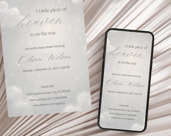 Clouds & Stars Baby Shower Invitation: Heaven Sent Evite (Digital Download, Editable in Canva)