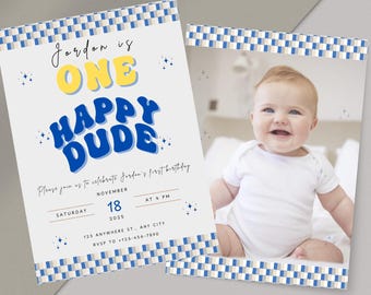 One Happy Dude Birthday Invitation, Editable trendy Retro One Happy Dude First Birthday Invite Boy, Evite Party Template Blue