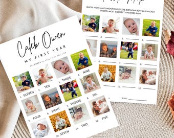 Fotogame eerste verjaardag: raad de leeftijd van de baby, 12 maanden (bewerkbare canva-sjabloon)