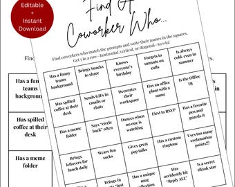Könnte beinhalten: Ein druckbares "Finde einen Kollegen, der..."-Spiel mit einem 5x5-Raster aus Quadraten. Jedes Quadrat enthält eine Aufforderung, wie z. B. "Hat einen lustigen Team-Hintergrund" oder "Bringt Snacks zum Teilen mit".