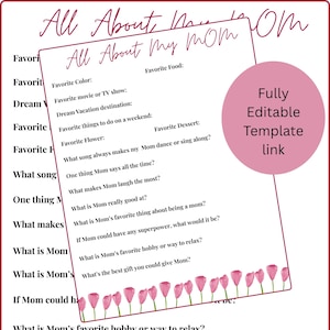 Questionnaire Fête des Mères imprimable | Cadeau amusant des enfants | Tout sur l'activité maman | Carte DIY DIY pour la Fête des Mères | Téléchargement instantané
