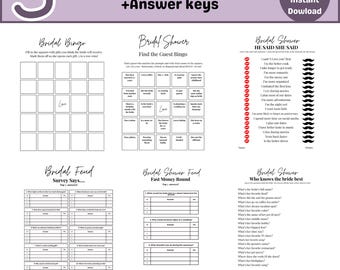 May include: A bundle of bridal shower games, including bingo, survey, and trivia. The games are designed with a purple and white color scheme and include answer keys. The text "Fully Editable + Instant Download" is also included.