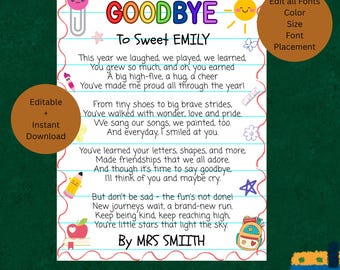 Carta de fin de curso para estudiantes de un maestro/a – Regalo para el último día de clases para niños – Carta de despedida de preescolar imprimible, regalo para maestros/as para estudiantes