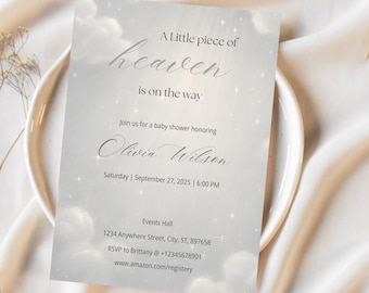 Heaven Sent Baby Shower Invitation: Clouds & Stars Evite (Digital Download, Editable in Canva)