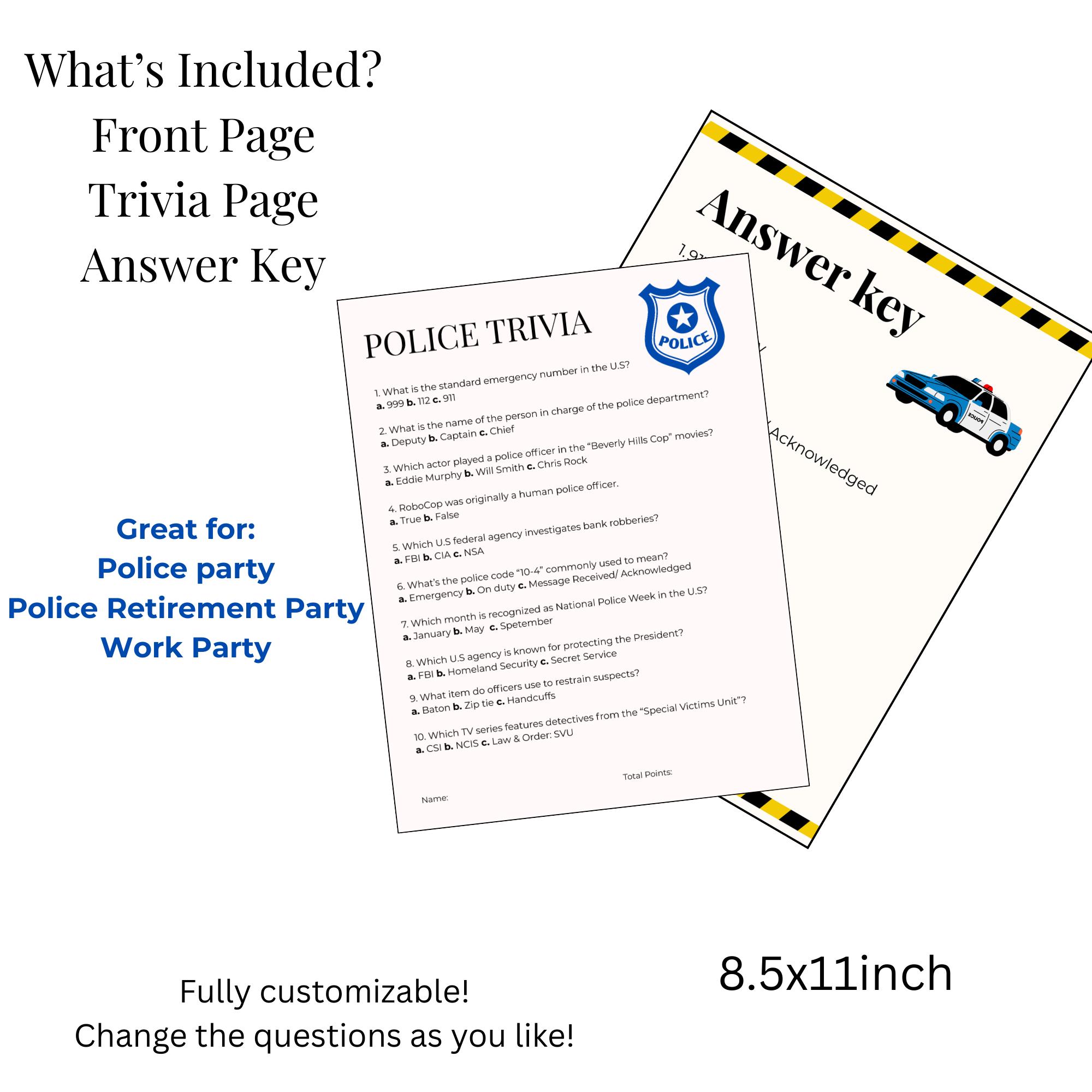 Police Trivia Questions Police Trivia Game: Law Enforcement Retirement Party (digital Download ...