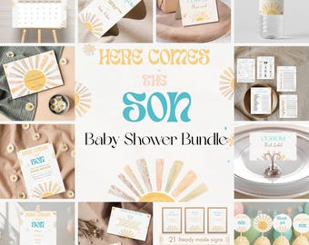 Aí vem o kit de chá de bebê do filho: modelos Boho do Canva (download digital)
