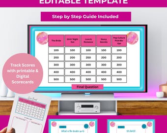 May include: A digital game board for a bachelorette party game called "Bachelorette Jeopardy". The game board is displayed on a TV screen and features categories like "The Bride", "Girls' Night Out", "Love & Romance", "Saucy Secrets", and "Pop Culture Pick-Me-Ups". Each category has five point values: 100, 200, 300, 400, and 500. There is also a "Final Question" category. The game board is surrounded by a pink and blue border.
