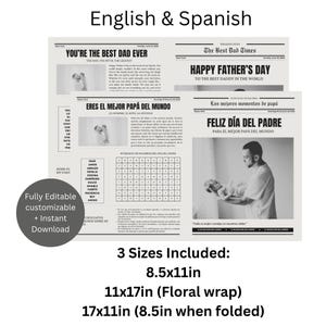 Modelo de jornal personalizado para o dia dos pais Feliz dia do padre Editável Imprimível Dia de las padres Jornal em inglês e espanhol Instantâneo