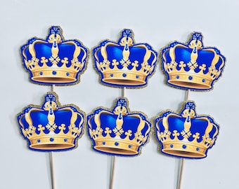 Adornos para cupcakes con temática de príncipe, juego de 12, cumpleaños, azul y dorado, decoración de fiesta hecha a mano, decoración para cupcakes, cumpleaños, baby shower