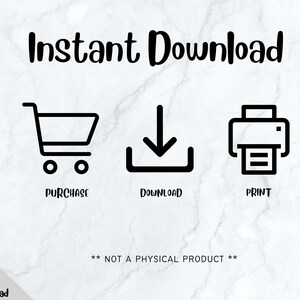 K&ouml;nnte beinhalten: Sofortige Download-Grafik mit einem Einkaufswagen, einem Download-Pfeil und einem Druckersymbol. Der Text "Sofortiger Download" befindet sich oben auf der Grafik. Die Texte "KAUFEN", "HERUNTERLADEN" und "DRUCKEN" befinden sich unter den Symbolen. Der Text "** KEIN PHYSIKALISCHES PRODUKT **" befindet sich unten auf der Grafik.
