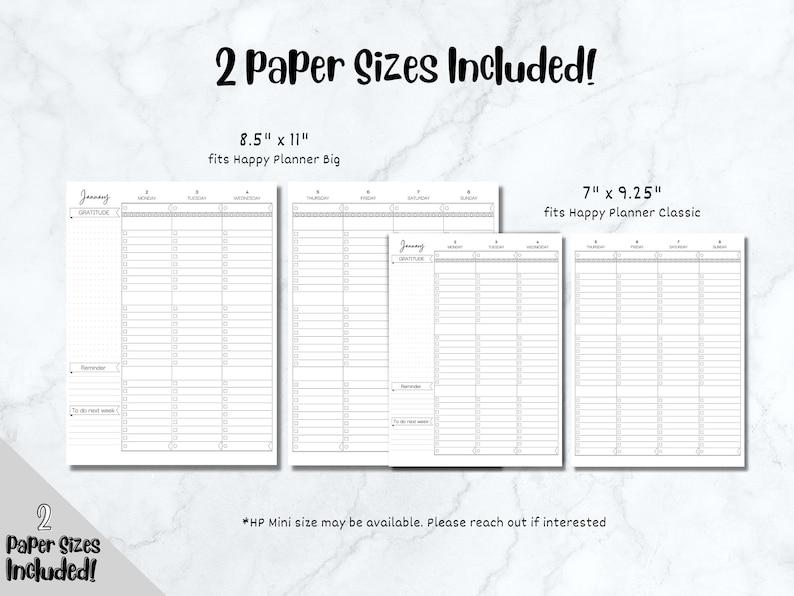K&ouml;nnte beinhalten: Druckbare Planerseiten f&uuml;r den Monat Januar in zwei Gr&ouml;&szlig;en: 8,5 Zoll mal 11 Zoll und 7 Zoll mal 9,25 Zoll. Die Seiten sind f&uuml;r Happy Planner Big und Happy Planner Classic konzipiert.