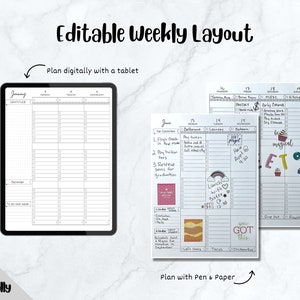 K&ouml;nnte beinhalten: Editierbares w&ouml;chentliches Planer-Layout mit einem digitalen Tablet und einer gedruckten Version. Die digitale Version wird auf einem Tablet mit wei&szlig;em Hintergrund angezeigt, w&auml;hrend die gedruckte Version auf einer wei&szlig;en Oberfl&auml;che liegt. Der Planer verf&uuml;gt &uuml;ber ein Rasterlayout mit Platz f&uuml;r t&auml;gliche Aufgaben, Notizen und Erinnerungen. Der Planer enth&auml;lt auch einen Abschnitt f&uuml;r Dankbarkeit und eine To-Do-Liste f&uuml;r die n&auml;chste Woche.