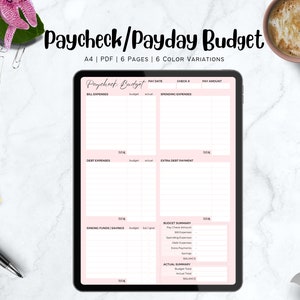 May include: A digital tablet displaying a printable budget tracker template with sections for bill expenses, credit expenses, spending expenses, extra debt payment, sinking funds/savings, and a budget summary. The template is designed for tracking income and expenses.
