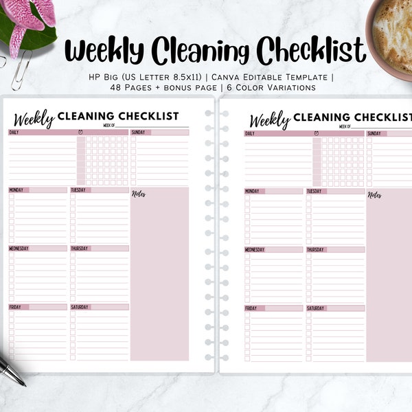 Weekly Cleaning Checklist | HP Big 8.5x11 Editable & Printable | Cleaning Routine | Cleaning Schedule | Cleaning Planner | Home Organization