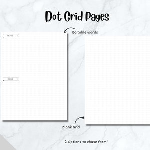 K&ouml;nnte beinhalten: Zwei leere Punktrasterseiten, eine mit den Worten "IDEAS" und "NOTES" oben und die andere ohne Text. Der Text "Dot Grid Pages" befindet sich oben im Bild, und die Texte "Editable words" und "Blank Grid" befinden sich unter den Seiten. Der Text "2 Options to chase from!" befindet sich unten im Bild.