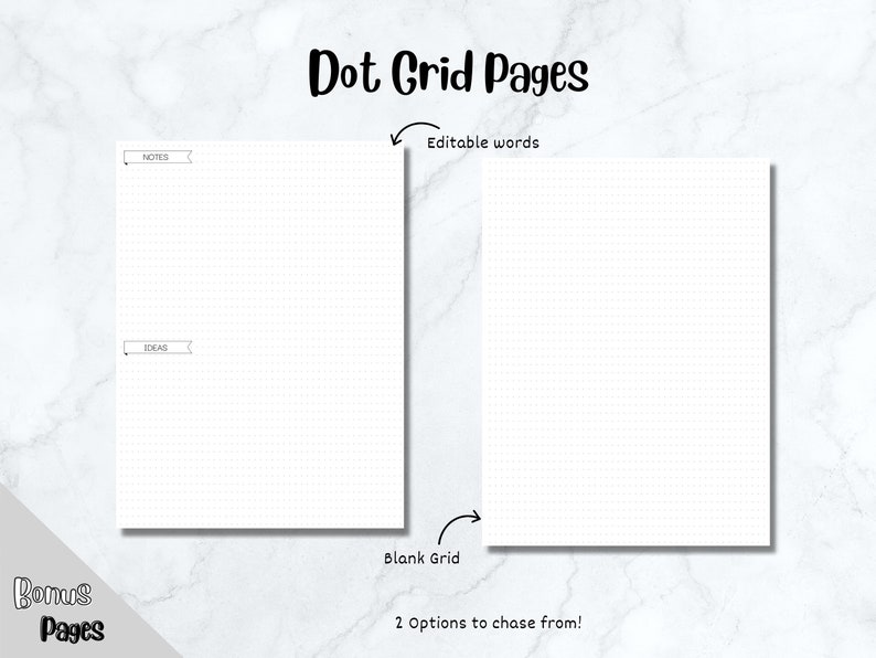 K&ouml;nnte beinhalten: Zwei leere Punktrasterseiten, eine mit den Worten "IDEAS" und "NOTES" oben und die andere ohne Text. Der Text "Dot Grid Pages" befindet sich oben im Bild, und die Texte "Editable words" und "Blank Grid" befinden sich unter den Seiten. Der Text "2 Options to chase from!" befindet sich unten im Bild.