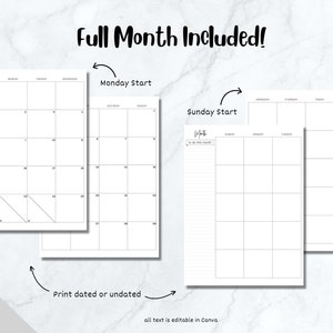 K&ouml;nnte beinhalten: Drei druckbare Kalendervorlagen, eine mit einem Montag-Start, eine mit einem Sonntag-Start und eine mit einem leeren Monat. Die Kalender sind schwarzwei&szlig; und haben ein schlichtes Design. Der Text "Full Month Included!" befindet sich oben im Bild. Der Text "Print dated or undated" befindet sich unten im Bild.