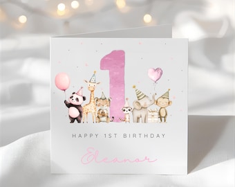 Gepersonaliseerde safarikaart eerste verjaardag voor meisje in roze