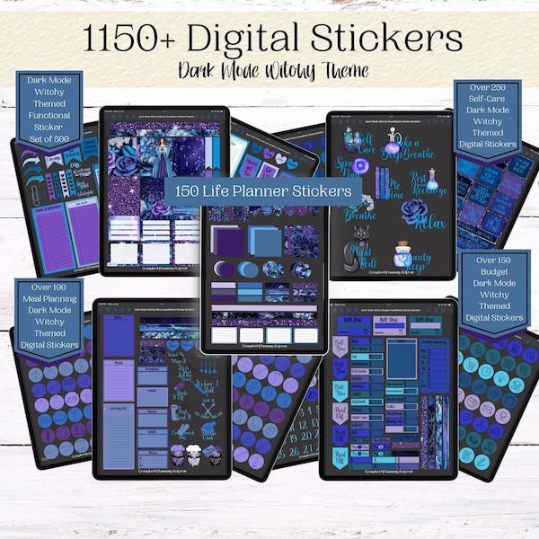 Digital Stickers | Dark Mode Witchy Theme | Functional | Budget | Meal | Self Care | Washi Tape | Post It's | Words | Quotes | PNGs