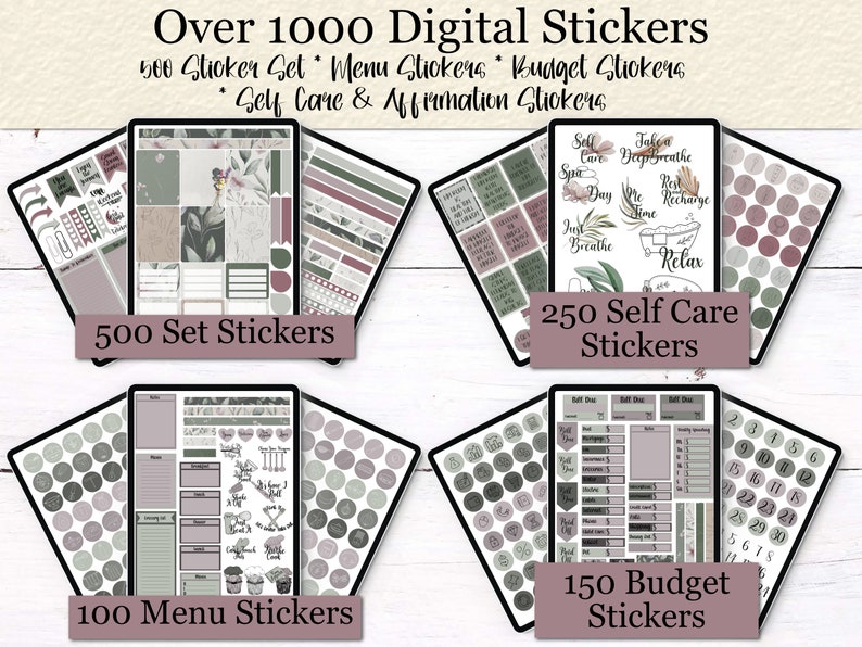 Botanical Themed Bundle Undated Life Planner Self Care Planner Budget Planner Meal Planner 1000 Digital Sticker Pack Good Notes image 7