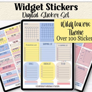 May include: A digital sticker set with over 100 stickers featuring a wildflower theme. The stickers are designed for use in digital planners and include various widgets such as water trackers, habit trackers, mood trackers, shopping lists, goals, checklists, to-do lists, daily plans, and priorities.