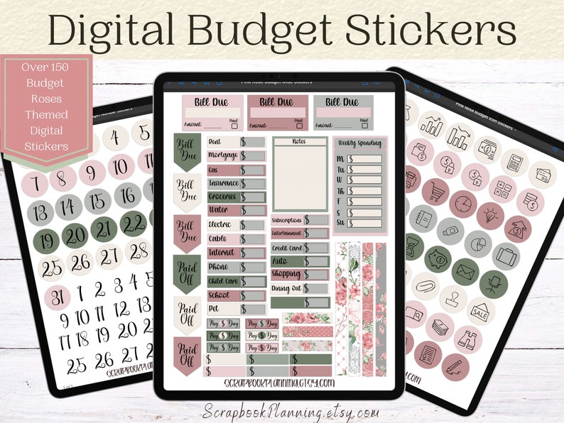 Roses Budget Digital Stickers Goodnotes Finance Stickers Goodnotes Budget Stickers Bill Due Stickers image 1