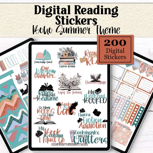 Digital Stickers for Reading Planner | Book Worm | Book Sticker | Book Lovers | Bookish Stickers | Goodnotes Elements | Boho Summer Theme