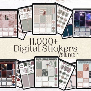 Könnte beinhalten: Ein digitales Planer-Sticker-Set mit über 11.000 Stickern in verschiedenen Designs. Die Sticker sind in verschiedenen Farben gehalten, darunter Rosa, Grün, Blau und Lila. Die Sticker sind perfekt, um Ihrem Planer eine persönliche Note zu verleihen.