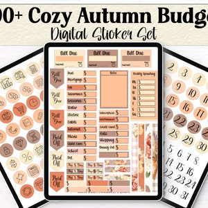 Cozy Autumn budgeting sticker set with trackers for bills, subscriptions, and paydays. Includes text like “Weekly Spending,” “Bill Due,” and “Paid Off” in autumn tones.