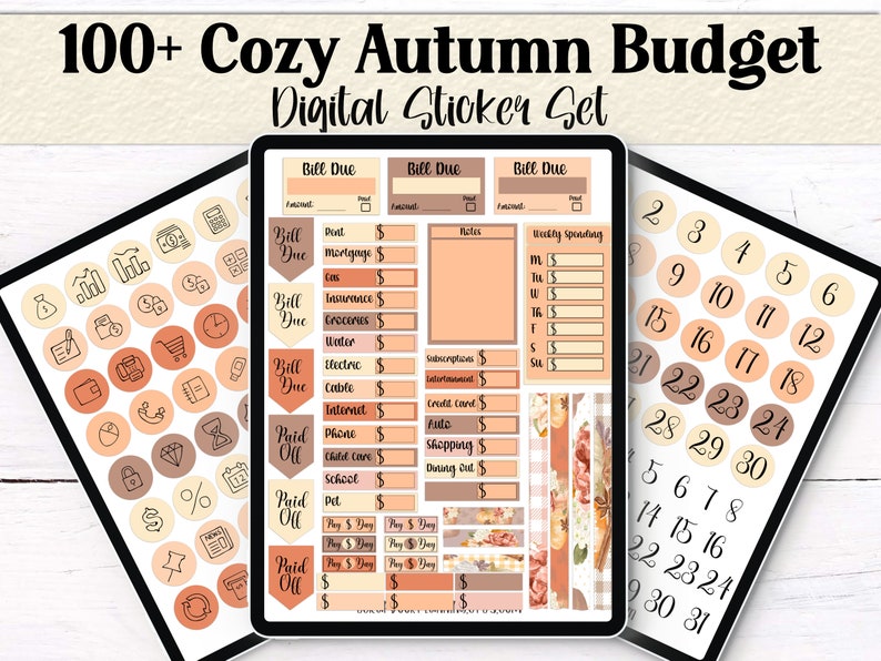 Cozy Autumn budgeting sticker set with trackers for bills, subscriptions, and paydays. Includes text like “Weekly Spending,” “Bill Due,” and “Paid Off” in autumn tones.