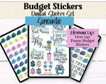May include: Digital sticker set with the text "Budget Stickers" and "Sarcastic." The set includes over 150 funny budget stickers with phrases like "Bail Money" and "Feed the Pig." The stickers are in various colors and styles.