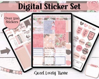 Sweet Lovely Digital Planner Stickers | 500+ Pink GoodNotes Stickers Set | Floral Aesthetic, Hearts, Notes, Budget & Icons | PNG Digital Kit