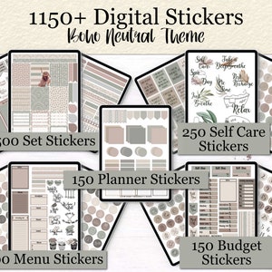 May include: A set of 1150 digital stickers in a boho neutral theme. The stickers are organized into five categories: 500 set stickers, 250 self-care stickers, 150 planner stickers, 100 menu stickers, and 150 budget stickers. The stickers feature a variety of designs, including circles, dots, leaves, and text.